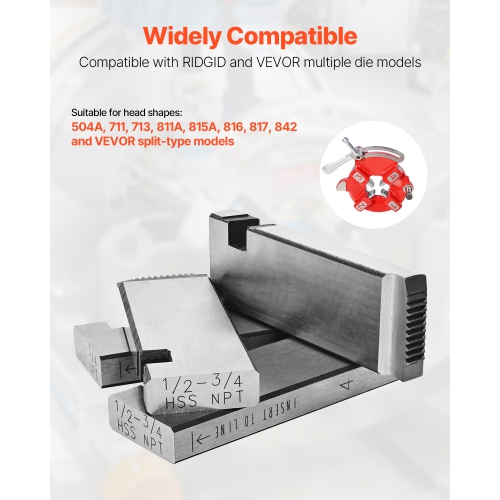 Matrices pour machine à enfiler VEVOR, 4 paquets, attaches pour tuyaux NPT 1/2"-3/4, attaches pour tuyaux HSS droitiers, têtes de dé universelles