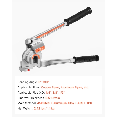 VEVOR 3 in 1 Pipe Tube Bender, 1/4", 3/8", 1/2" OD, Manual Level Tube Bender, 180° Copper Aluminum Pipes Bending Tool for Automotive Repair, HVAC Air
