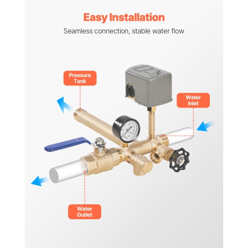 VEVOR 1" x 11" Well Pressure Tank Tee Kit, with 30/50PSI Switch, 8-Pieces Pure Brass Pressure Tank Installation Kit, 1 in Gate Valve Included, for