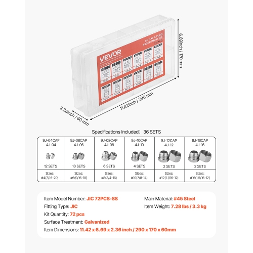 VEVOR 72 PCS JIC Hydraulic Fittings, Master Industrial Hydraulic Cap and Plug, Hose Tube and Pipe Fitting Kit Cap and Plug Kit Precision Threading in