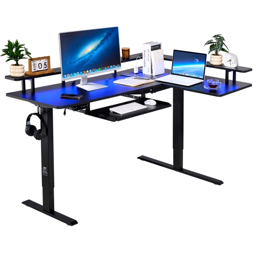 VEVOR L Shaped Desk, Electric Adjustable Height Corner Gaming Desk with Keyboard Tray and Dual Hooks, Heavy Duty L-Shaped Computer Table with Light