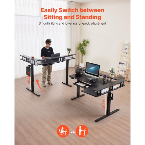 VEVOR L Shaped Desk, Electric Adjustable Height Corner Gaming Desk with Keyboard Tray and Dual Hooks, Heavy Duty L-Shaped Computer Table with Light