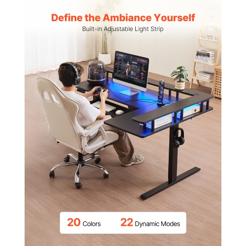 VEVOR L Shaped Desk, Electric Adjustable Height Corner Gaming Desk with Keyboard Tray and Dual Hooks, Heavy Duty L-Shaped Computer Table with Light