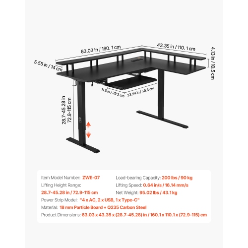 VEVOR L Shaped Desk, Electric Adjustable Height Corner Gaming Desk with Keyboard Tray and Dual Hooks, Heavy Duty L-Shaped Computer Table with Light