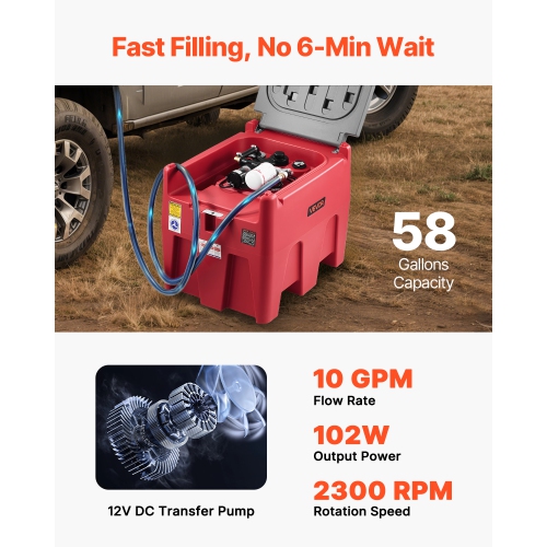 VEVOR 58 Gallon Portable Diesel & Gasoline Tank, 10 GPM Flow Rate, Diesel Fuel Tank with 12V Electric Transfer Pump, 13.1ft Hose, Auto Fueling