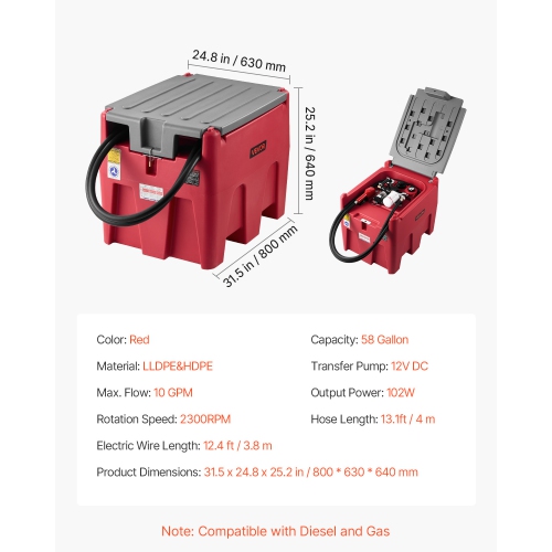 VEVOR 58 Gallon Portable Diesel & Gasoline Tank, 10 GPM Flow Rate, Diesel Fuel Tank with 12V Electric Transfer Pump, 13.1ft Hose, Auto Fueling