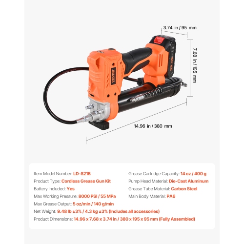 VEVOR 20V Cordless Grease Gun, 8000 PSI Max Pressure, Electric Grease Gun with 2.0 Ah Battery & LED Light, 35.4-inch Long Hose & Carrying Case,