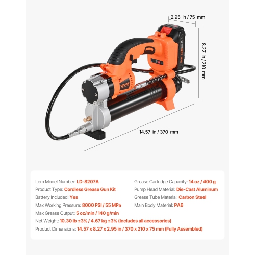 VEVOR 20V Cordless Grease Gun, 8000 PSI Max Pressure, Electric Grease Gun with 2.0 Ah Battery & LED Light, 30-inch Long Hose & Carrying Case,