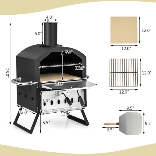 Gymax 2-layer Outdoor Wood Fired Pizza Oven w/ Anti-scalding Handles & Waterproof Cover