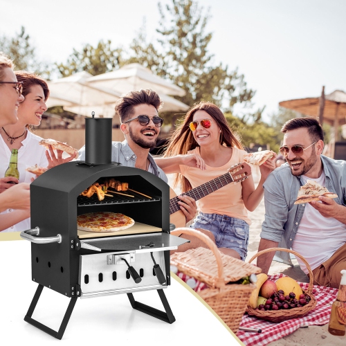 Gymax 2-layer Outdoor Wood Fired Pizza Oven w/ Anti-scalding Handles & Waterproof Cover