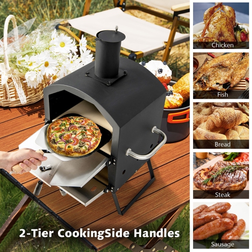 Gymax 2-layer Outdoor Wood Fired Pizza Oven w/ Anti-scalding Handles & Waterproof Cover