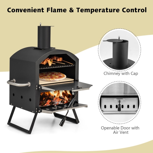 Gymax 2-layer Outdoor Wood Fired Pizza Oven w/ Anti-scalding Handles & Waterproof Cover