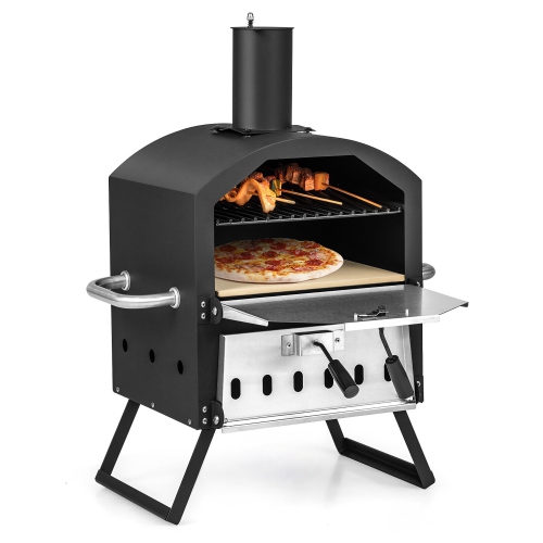 Gymax 2-layer Outdoor Wood Fired Pizza Oven w/ Anti-scalding Handles & Waterproof Cover