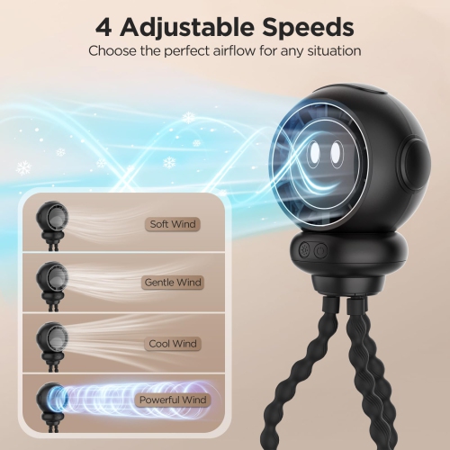 Portable Stroller Fan, Octopus Clip-On Fan, 4 Speeds, with LED Display and Night Light, 360° Rotation Rechargeable Fan for Bedroom, Outdoor