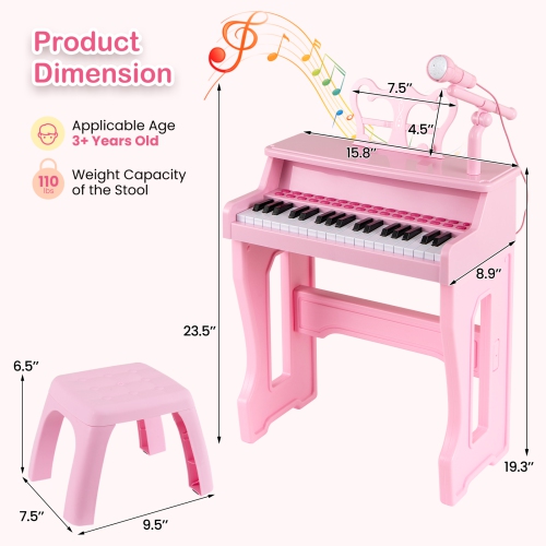 Gymax 37-Key Music Piano Keyboard Kids Learning Toy Instrument w/ Microphone Pink