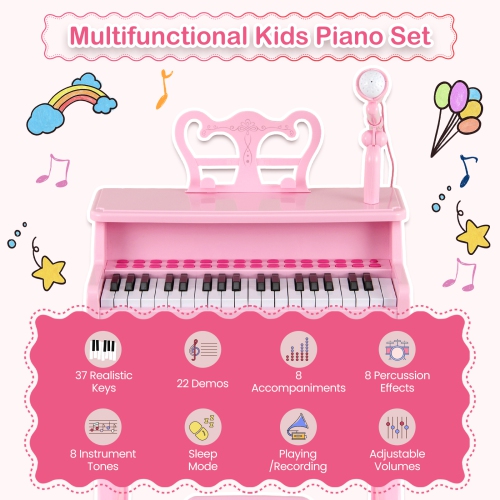 Gymax 37-Key Music Piano Keyboard Kids Learning Toy Instrument w/ Microphone Pink