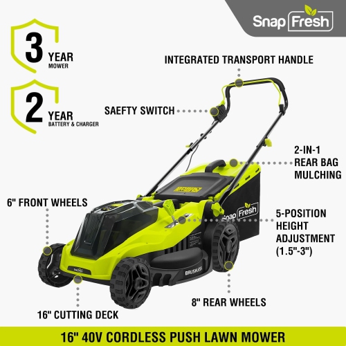SnapFresh 40V Cordless Electric Lawn Mower 16 Inch Brushless Push Mower with Dual 4.0Ah Batteries and Fast Charger