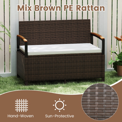 Gymax Outdoor Storage Bench w/Cushion Backrest & Acacia Wood Armrests Hidden Storage