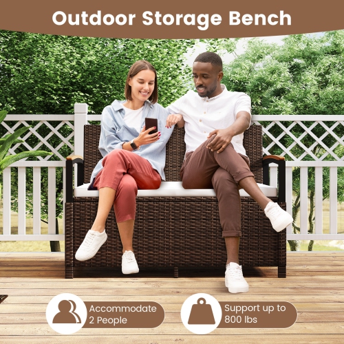 Gymax Outdoor Storage Bench w/Cushion Backrest & Acacia Wood Armrests Hidden Storage