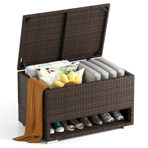Gymax 48 Gallon PE Wicker Rattan Deck Box w/ Shoe Rack Outdoor Storage Bin w/ Protective Liner