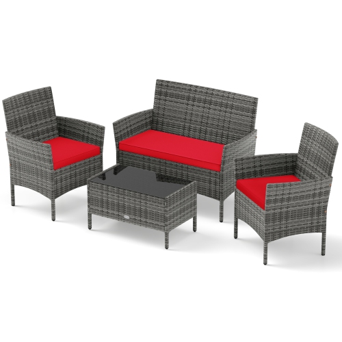 Gymax Set Of 4 Patio Furniture Set w/Washable Cushions & Tempered Glass Coffee Table