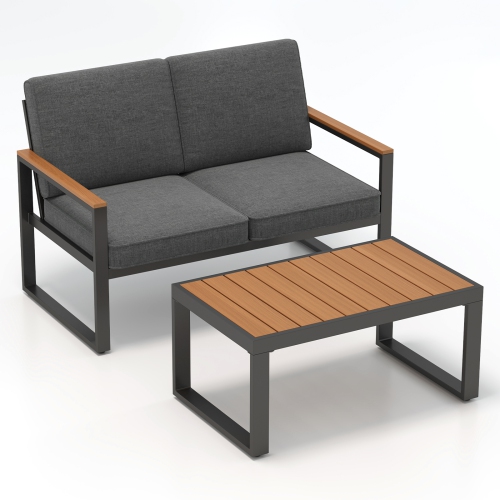 Gymax 2 PCS Patio Aluminum Furniture Set Cushioned Sectional Sofa w/ Coffee Table