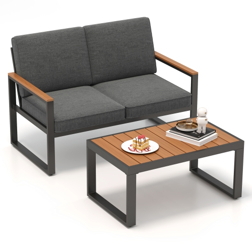 Gymax 2 PCS Patio Aluminum Furniture Set Cushioned Sectional Sofa w/ Coffee Table