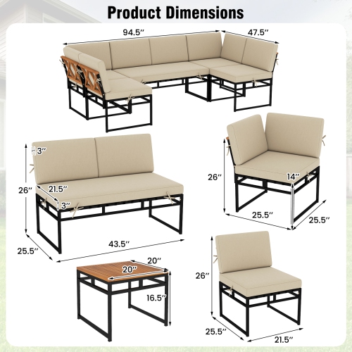 Gymax Set Of 6 Outdoor Sectional Sofa Set Metal Conversation Set w/ Bungee Rope Seat