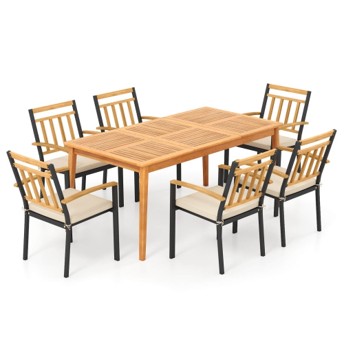 Gymax Set Of 7 Patio Acacia Wood Dining Set w/ Soft Seat Cushions Umbrella Hole Outdoor