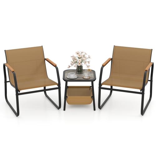 Gymax 3-Piece Bistro Set Patio Chairs & Side Table w/ Storage Basket Breathable Mesh Fabric