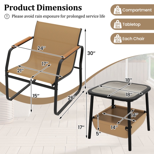 Gymax 3-Piece Bistro Set Patio Chairs & Side Table w/ Storage Basket Breathable Mesh Fabric
