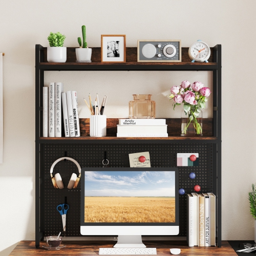 Gymax 2-Tier Countertop Desktop Bookshelf w/ Metal Pegboard 2 Anti-tipping Devices