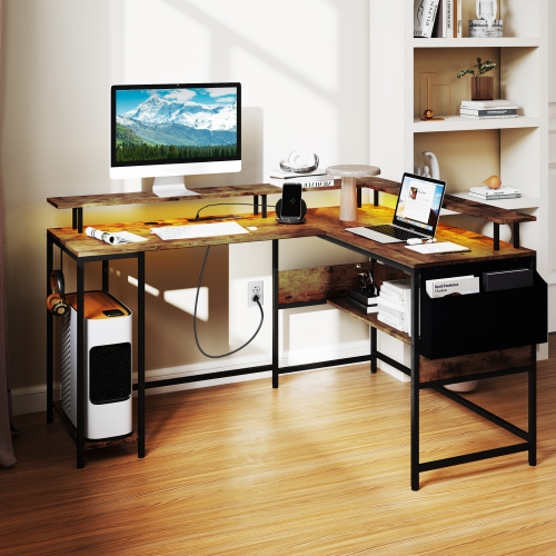Gymax L-Shaped Gaming Desk w/ LED Lights & Power Outlets Monitor Stand Fabric Bag