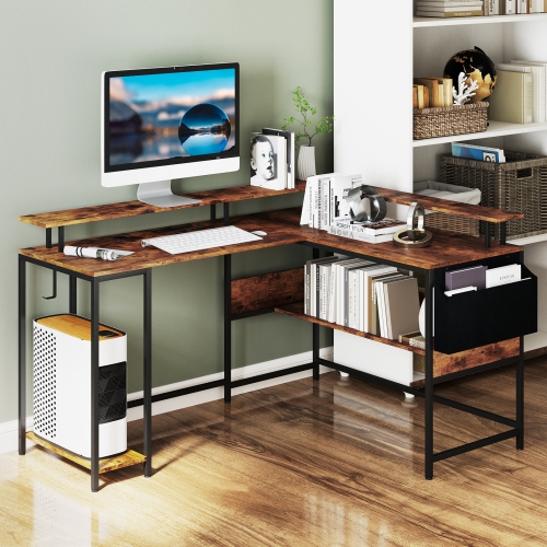 Gymax L-Shaped Gaming Desk w/ LED Lights & Power Outlets Monitor Stand Fabric Bag