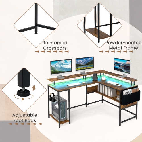 Gymax L-Shaped Gaming Desk w/ LED Lights & Power Outlets Monitor Stand Fabric Bag