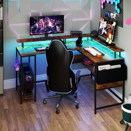 Gymax L-Shaped Gaming Desk w/ LED Lights & Power Outlets Monitor Stand Fabric Bag