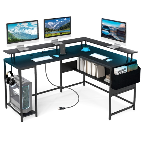 Gymax L-Shaped Gaming Desk w/ LED Lights & Power Outlets Monitor Stand Fabric Bag