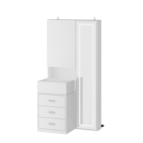 Famapy Modern Dressing Cabinet with LED Mirror, Sliding Storage, and Three Drawers, White Finish,White