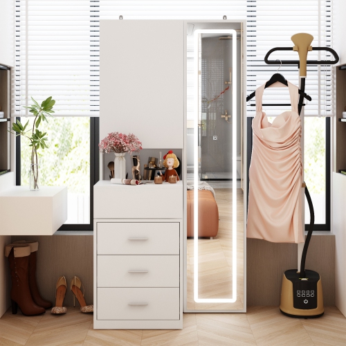 Famapy Modern Dressing Cabinet with LED Mirror, Sliding Storage, and Three Drawers, White Finish,White