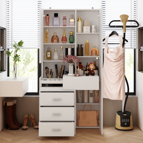 Famapy Modern Dressing Cabinet with LED Mirror, Sliding Storage, and Three Drawers, White Finish,White