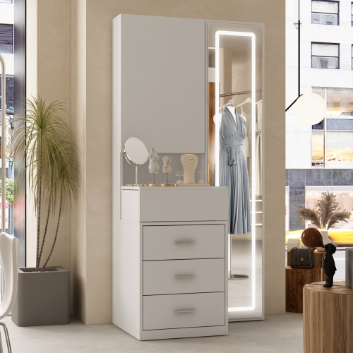 Famapy Modern Dressing Cabinet with LED Mirror, Sliding Storage, and Three Drawers, White Finish,White