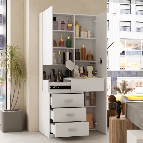 Famapy Modern Dressing Cabinet with LED Mirror, Sliding Storage, and Three Drawers, White Finish,White