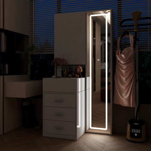 Famapy Modern Dressing Cabinet with LED Mirror, Sliding Storage, and Three Drawers, White Finish,White