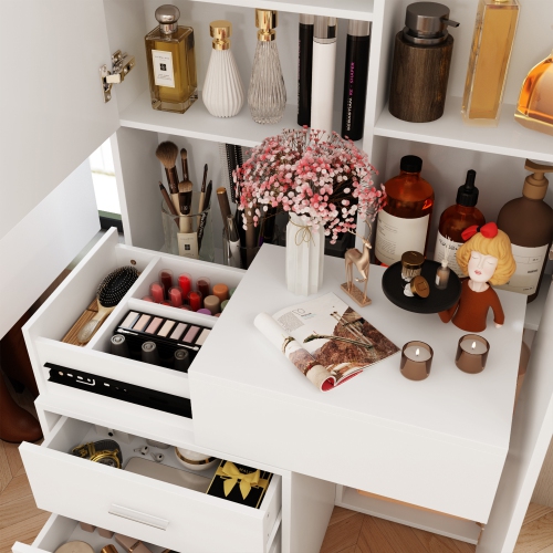 Famapy Modern Dressing Cabinet with LED Mirror, Sliding Storage, and Three Drawers, White Finish,White
