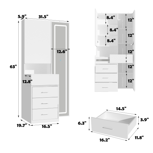 Famapy Modern Dressing Cabinet with LED Mirror, Sliding Storage, and Three Drawers, White Finish,White