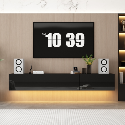 Famapy Modern Wall-Mounted TV Cabinet with LED Lighting, Three Drawers, and Storage,, Black High-Gloss Media Console, Fits Up to 65" TV