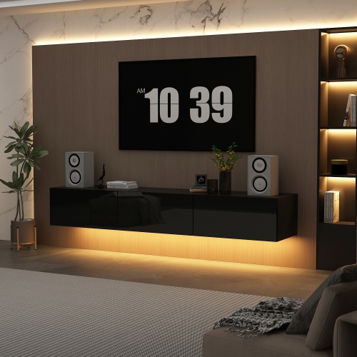 Famapy Modern Wall-Mounted TV Cabinet with LED Lighting, Three Drawers, and Storage,, Black High-Gloss Media Console, Fits Up to 65" TV