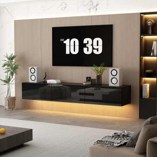 Famapy Modern Wall-Mounted TV Cabinet with LED Lighting, Three Drawers, and Storage,, Black High-Gloss Media Console, Fits Up to 65" TV