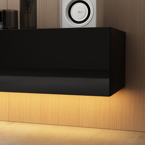 Famapy Modern Wall-Mounted TV Cabinet with LED Lighting, Three Drawers, and Storage,, Black High-Gloss Media Console, Fits Up to 65" TV