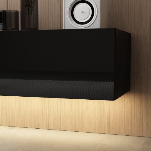 Famapy Modern Wall-Mounted TV Cabinet with LED Lighting, Three Drawers, and Storage,, Black High-Gloss Media Console, Fits Up to 65" TV